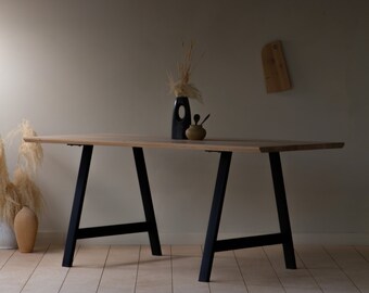 Konk ‖ 'A Frame' Table [Metal Legs] ‖ Bespoke sizes available ‖ Industrial Oak or Walnut Kitchen & Meeting Table, Solid Steel Base Dining