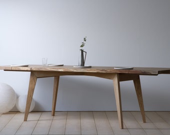 Konk ‖ Waney Kross Table [Oak] - With Extensions ‖ Bespoke sizes available ‖ Solid Wood Live Edge Mid Century Extending Kitchen Table
