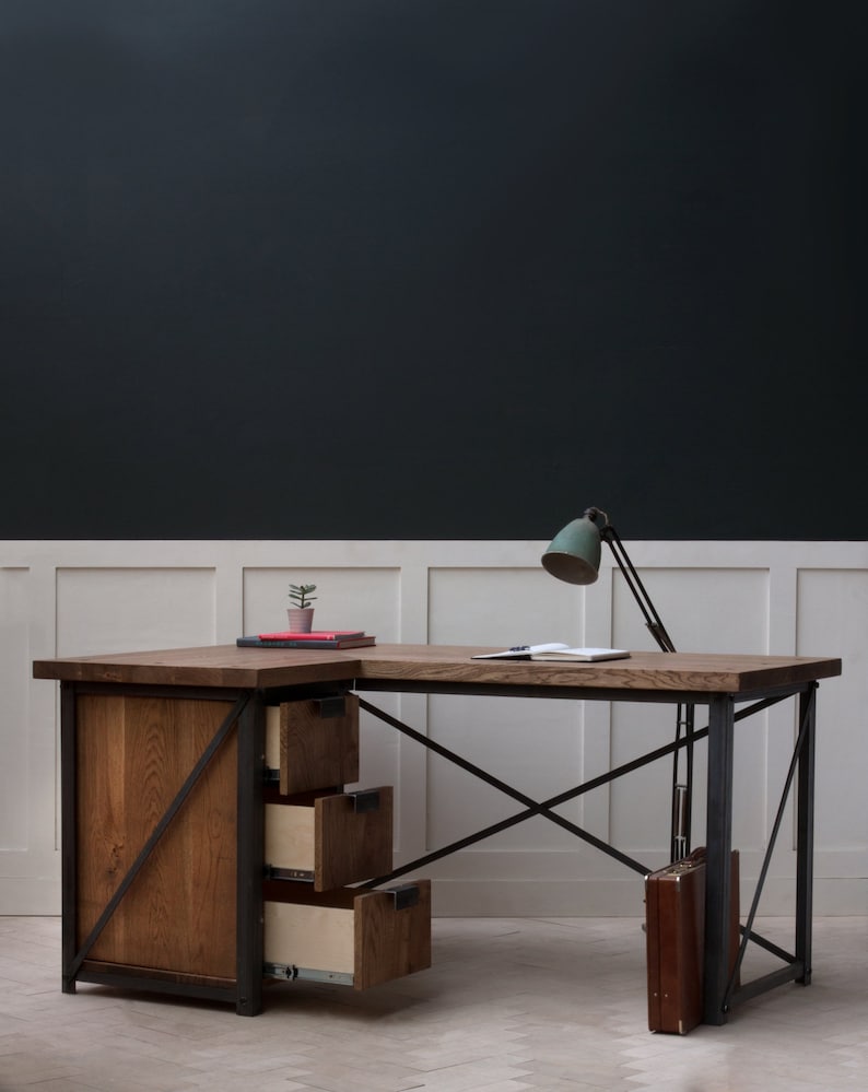 Konk 'Classic' Industrial Corner Desk Left Bespoke sizes available Industrial Oak & Steel Desk With Storage Drawers image 3