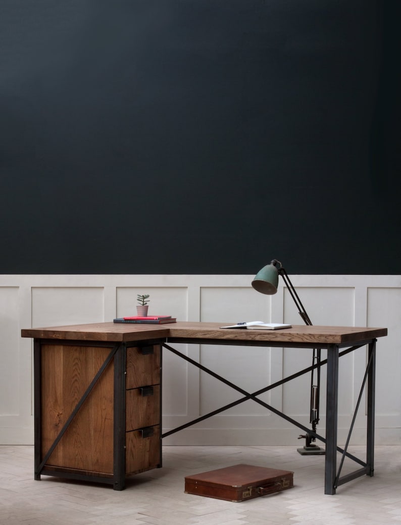 Konk 'Classic' Industrial Corner Desk Left Bespoke sizes available Industrial Oak & Steel Desk With Storage Drawers image 1