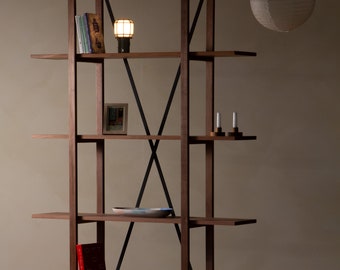 Konk ‖ Walnut 'Overhang' Shelving [Wooden] ‖ Bespoke sizes available ‖ Modern Walnut & Steel Bookcase, Tall Bookshelf