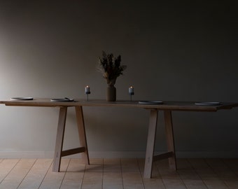 Konk ‖ 'A Frame' Table [Wooden Legs] - With Extensions ‖ Bespoke sizes available ‖ Extending Minimalist Solid Oak Kitchen & Dining Table