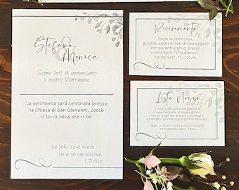 Partecipazione matrimonio, invito motivo foglie ulivo, carta
