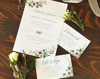 Partecipazione matrimonio, invito motivo fiori e foglie, carta lino