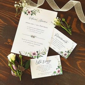 Partecipazione matrimonio, invito motivo fiori e foglie, carta lino, suite, partecipazioni, nozze, cornice, cornice oro, tema primaverile