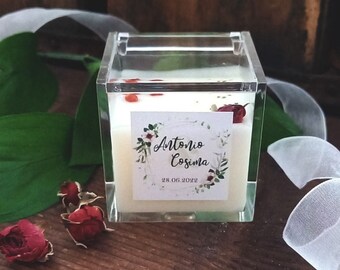 Wedding place card, Plexiglass, Scented soy wax, table marker box, Transparent cube, Perfume linen cube, Placeholder scented, Bride to be