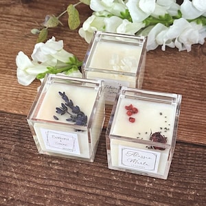 Segnaposto matrimonio, Scatolina plexiglass, Cera di soia profumata, botaniche segnatavolo, Cubo trasparente, Cubetto profuma biancheria