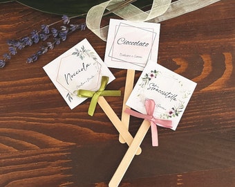 Marcador de sabor de confeti de boda, palo de madera, mesa de almendras azucaradas, paleta de etiquetas, cartón, mesa de boda, recién casados, Bon bon gusto, gráficos