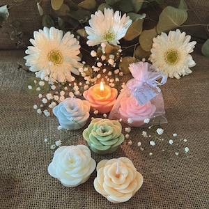Candela Segnaposto Isabeau, fiore, candelina a forma di fiore colorato, Prima Comunione, Santa Cresima segnaposti, rosa, organza