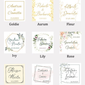Pu&ograve; includere: Nove design di inviti di nozze con bordi floreali e geometrici. I design presentano i nomi delle coppie e le loro date di matrimonio. I nomi includono Andrea & Camilla, Roberto & Barbara, Alberto & Daniela, Martina & Nicola, Federica & Giacomo, Guendalina & Davide, Alessia & Marta, Barbara & Simone e Stefano & Laura.