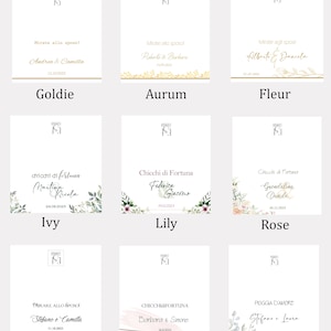 May include: Nine white cards with various designs and text. The cards feature gold, burgundy, and green text, with floral and heart accents. The cards are for weddings and include names and dates.