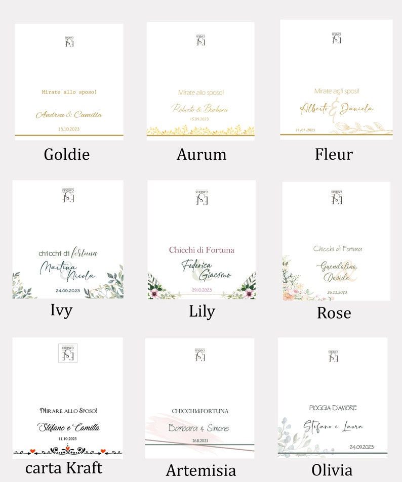 May include: Nine white cards with various designs and text. The cards feature gold, burgundy, and green text, with floral and heart accents. The cards are for weddings and include names and dates.