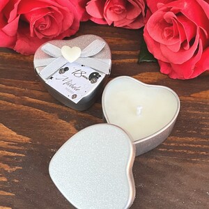 Sweeties Tin Candle Heart, Wedding Placeholder, Soy Wax Tin Heart, Custom Label, scented Place holder, Mini Custom Candle, Baby Shower zdjęcie 2