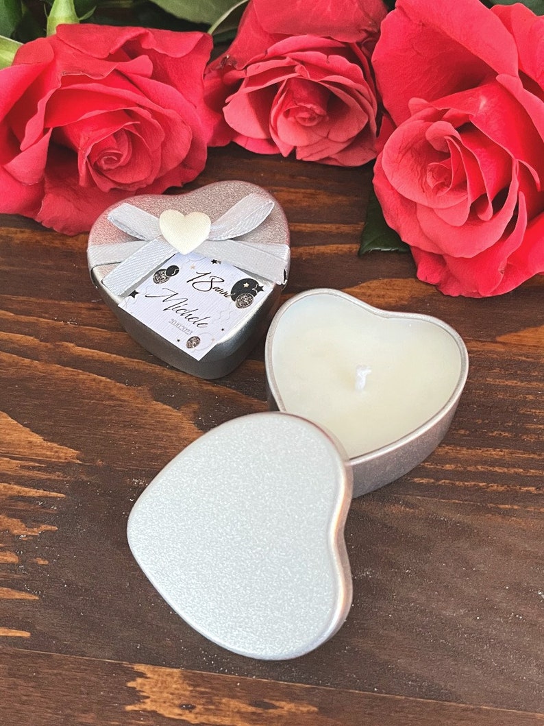 Sweeties Tin Candle Heart, Wedding Placeholder, Soy Wax Tin Heart, Custom Label, scented Place holder, Mini Custom Candle, Baby Shower zdjęcie 2