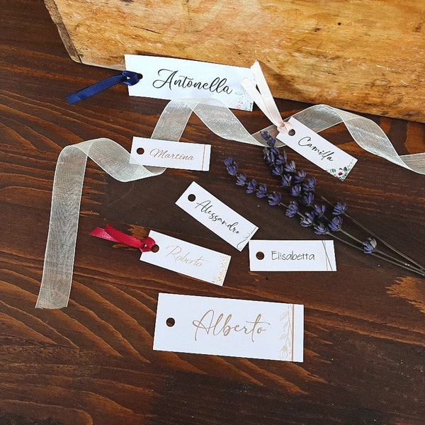 Tag segnaposto matrimonio, rettangolare, con nastro o cordino,carta naturale, carta lino, kraft, suite personalizzata, grafica, sposi 2023