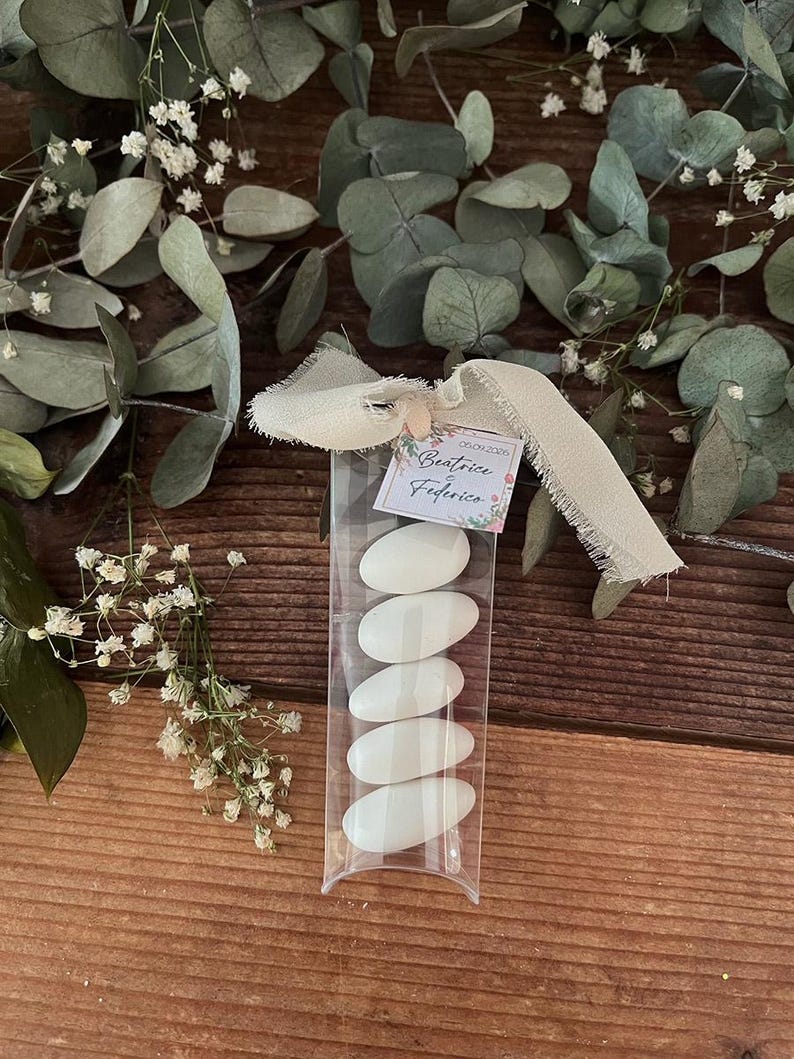 Confetti matrimonio, confettata, cerimonia, tubo porta confetti mandorla, tag, nascita, scatolina segnaposto, nozze, bustina trasparente immagine 2
