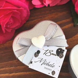 Sweeties Tin Candle Heart, Wedding Placeholder, Soy Wax Tin Heart, Custom Label, scented Place holder, Mini Custom Candle, Baby Shower zdjęcie 4