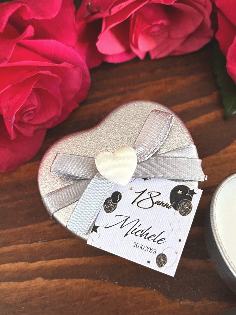 Sweeties Tin Candle Heart, Wedding Placeholder, Soy Wax Tin Heart, Custom Label, scented Place holder, Mini Custom Candle, Baby Shower zdjęcie 4