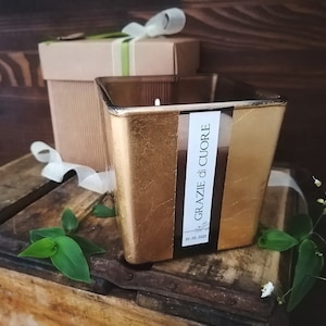 Candela Profumata, Cubo di vetro, regalo testimone, Foglia oro, Elegante, Madrina e padrino, Pensiero per damigella, Bomboniera genitori