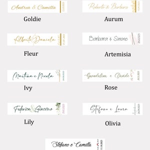 Puede incluir: Un conjunto de 10 etiquetas de regalo de boda con diferentes dise&ntilde;os florales y nombres. Las etiquetas est&aacute;n impresas en cartulina blanca con texto negro y fechas. Los nombres incluyen Andrea & Camilla, Roberto & Barbara, Alberto Daniela, Barbara & Simone, Martina e Nicola, Guendalina e Davide, Federica & Giacomo, Stefano e Laura, y Stefano e Camilla.