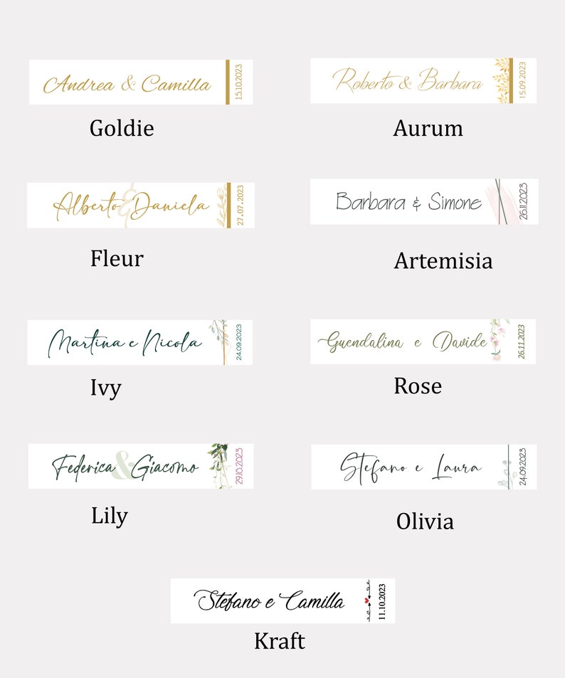 Puede incluir: Un conjunto de 10 etiquetas de regalo de boda con diferentes dise&ntilde;os florales y nombres. Las etiquetas est&aacute;n impresas en cartulina blanca con texto negro y fechas. Los nombres incluyen Andrea & Camilla, Roberto & Barbara, Alberto Daniela, Barbara & Simone, Martina e Nicola, Guendalina e Davide, Federica & Giacomo, Stefano e Laura, y Stefano e Camilla.