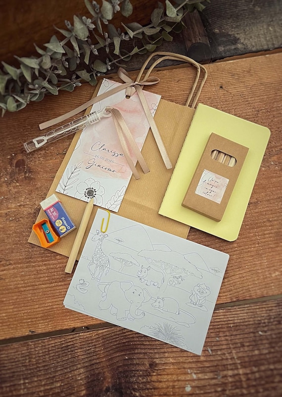 Activity bag bambini, animazione baby matrimonio, piccoli, nozze, kit disegno bimbi, matite colorate, giochi, passatempo, wedding bag