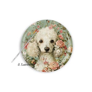 May include: A white poodle with pink and white flowers around its head. The dog is looking at the camera. The background is a light blue with a floral pattern.