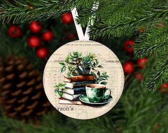 Book Ornament, Literary Christmas Ornament, Librarian Gift, Coffee Ornament, Coffee and Books Ornament, Secret Santa, Teacher Gift