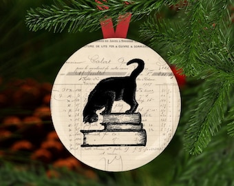 Cat on Book Ornament, Literary Christmas Ornament, Cat Ornament, Gift for Librarian, Book Lover Gift Christmas, Secret Santa, Teacher Gift