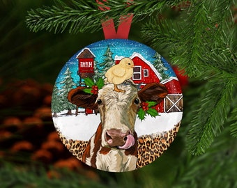 Farm Christmas Ornament, Secret Santa Gift, Stocking Stuffer, Chicken Christmas Ornament, Cow Chirstmas OrnamentChicken Gift