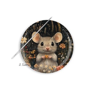 May include: A cute, cartoon mouse with brown fur and big eyes holds a small yellow flower. The mouse is surrounded by a dark background with a variety of colorful flowers.