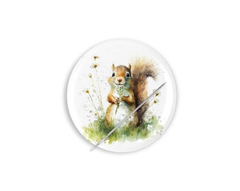 May include: A watercolour painting of a brown squirrel holding a flower, surrounded by green grass and white flowers. The squirrel is sitting on a white background with a needle and thread.