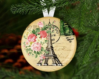Paris France Eiffel Tower Art Custom Handmade Christmas Tree Ornament Keepsake 