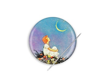 Needle Minder, Needle Keeper, Girl and Moon Needle Minder, Cross Stitch Needle Minder, Moon Needle Minder