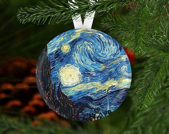 May include: A round Christmas ornament featuring a reproduction of Vincent van Gogh's "Starry Night" painting. The ornament is blue, yellow, and white with swirling brushstrokes.