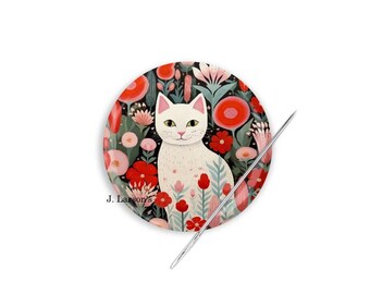 Cat Needle Minder, Cat Cross Stitch Needle Minder, Cat in Flowers Needle Minder, Cat Cross Stitch, White Cat Needle Minder
