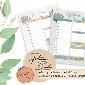 Printable Planner Instant Digital Download Bundle - Daily , Weekly, Monthly - Two Colors - Leaf Design Organization