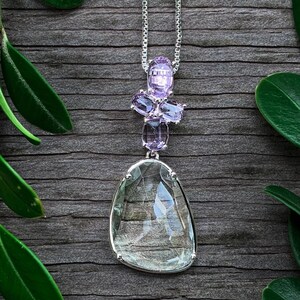 Vintage Modernist Sterling Silver Amethyst Prasiolite Pendant Necklace - 18&quot;