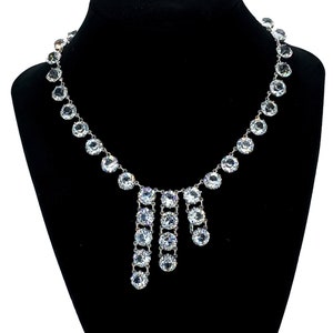 Antique Art Deco Sterling Silver Crystal Quartz Riviere Fringe Collar Necklace 14.5&quot;/ Art Deco Sterling Quartz Crystal Riviere Necklace