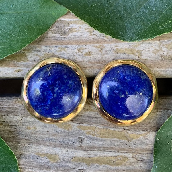 Boucles d'oreilles rondes en lapis lazuli en or jaune 14 carats / Boucles d'oreilles modernistes en lapis 14 carats / Boucles d'oreilles rondes en lapis / Boucles d'oreilles en lapis