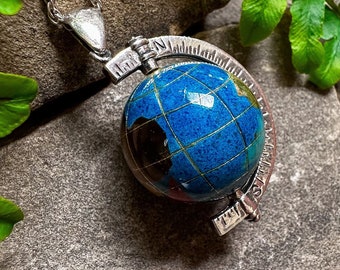 Vintage Sterling Silver Inlay Gemstone Globe Pendant Necklace 30"/ Sterling Silver Gemstone Globe Pendant Necklace/ Gemstone Planet/ Earth