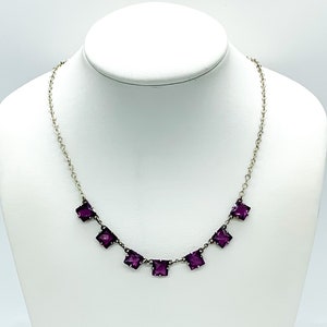 Antique Art Deco Sterling Silver Amethyst Paste Rhinestone Riviere Necklace 17.5&quot;/ Antique Art Deco Sterling Purple Paste Necklace/ Deco