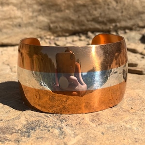 Vintage Modernist Sterling Silver Copper Stripped Cuff Bracelet 7&quot;/ Modernist Sterling Copper Cuff Bracelet/ Copper Cuff/ Sterling Cuff