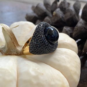 14k Yellow Gold Sterling Silver Black Onyx Orb Ring Size 6.5/ Gold Sterling Silver Black Onyx Sphere Ring/ Gemstone Sphere Ring/ Orb Ring