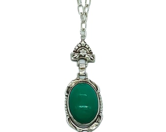Antike Art-Deco-Sterling Silber Chrysopras Glas Anhänger Halskette 19 ''/ Antike Sterling Halskette / Art-Deco-Halskette / Sterling Halskette