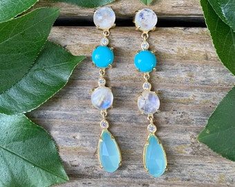 14k Yellow Gold Sterling Silver Moonstone Turquoise Aqua Chalcedony Earrings/ 14k Gold Moonstone Earrings/ Aqua Chalcedony Earrings/ Blue