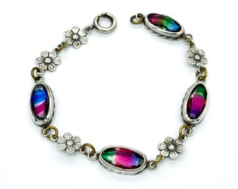 Pulsera Art Déco de Plata de Ley con Eslabones Florales de Cristal Iris de 18 cm / Pulsera Art Déco de Plata de Ley / Pulsera Antigua de Plata de Ley / Floral