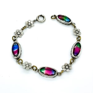 Antique Art Deco Sterling Silver Iris Glass Floral Link Bracelet 7&quot;/ Art Deco Sterling Silver Bracelet/ Art Deco Sterling Paste Bracelet
