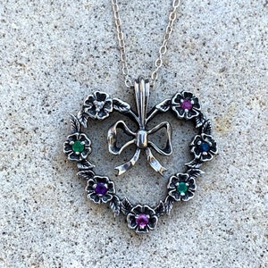 Vintage Sterling Silver Heart Bow Garland Gemstone Pendant Necklace 18&quot;/ Vintage Sterling Heart Pendant Necklace/ Sterling Garland Pendant