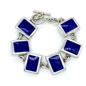 Vintage Modernist Heavy Solid Sterling Silver Cobalt Blue Enamel Rectangle Link Bracelet 7.5&quot;/ Vintage Sterling Silver Bracelet/ Blue